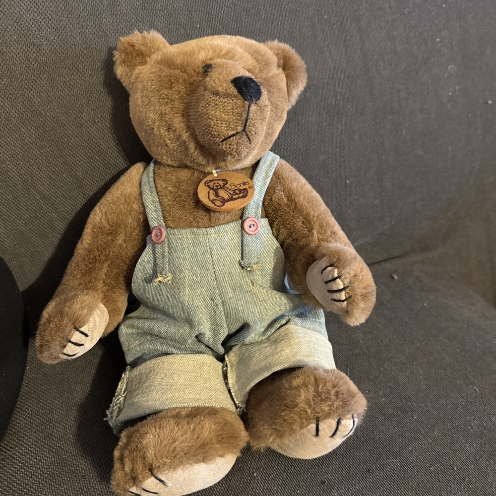 VINTAGE TEDDY BEAR PLUSH 14 Inches BONITA BLUE JEANS BIBS APPLAUSE TAG CUTE